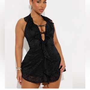 Black Halter Lace Mini Dress with Ruffle Front